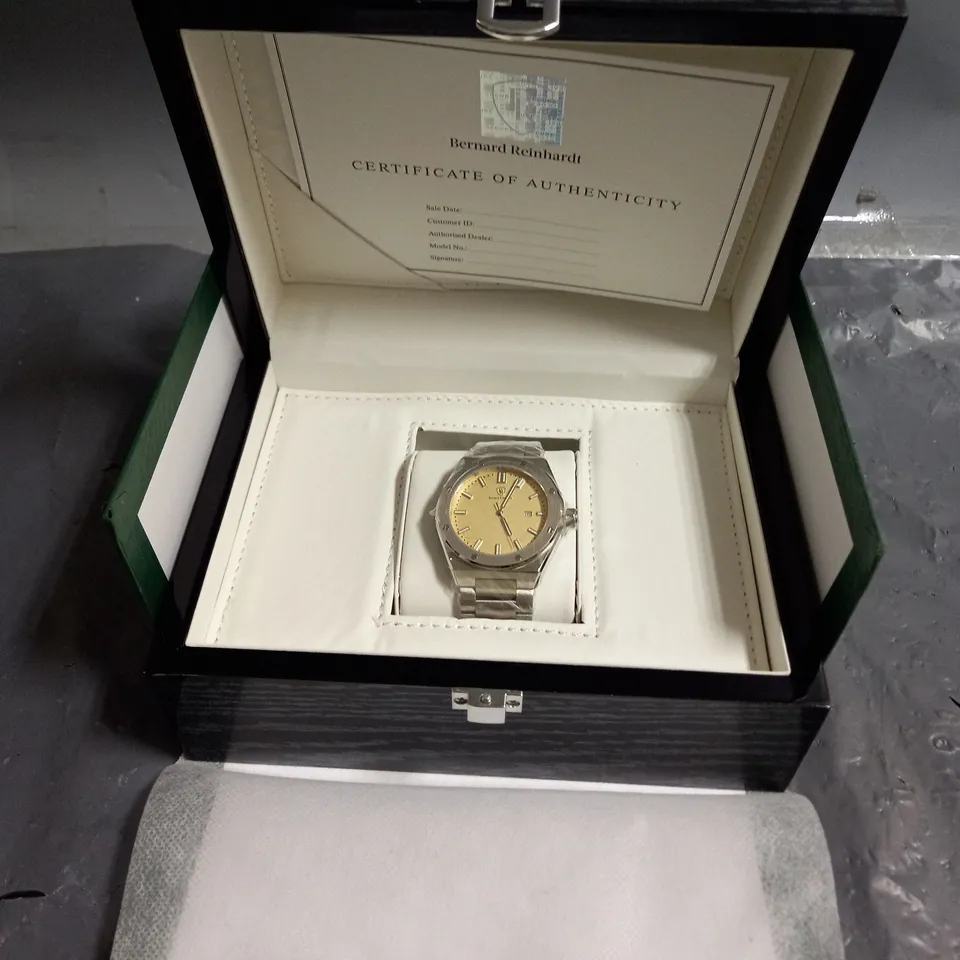 BOXED BERNARD REINHARDT STAINESS STEEL GOLD FACE WATCH