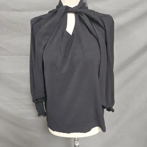 WALLIS PETITE TIE NECK SHIRRED CUFF TOP IN BLACK SIZE 12