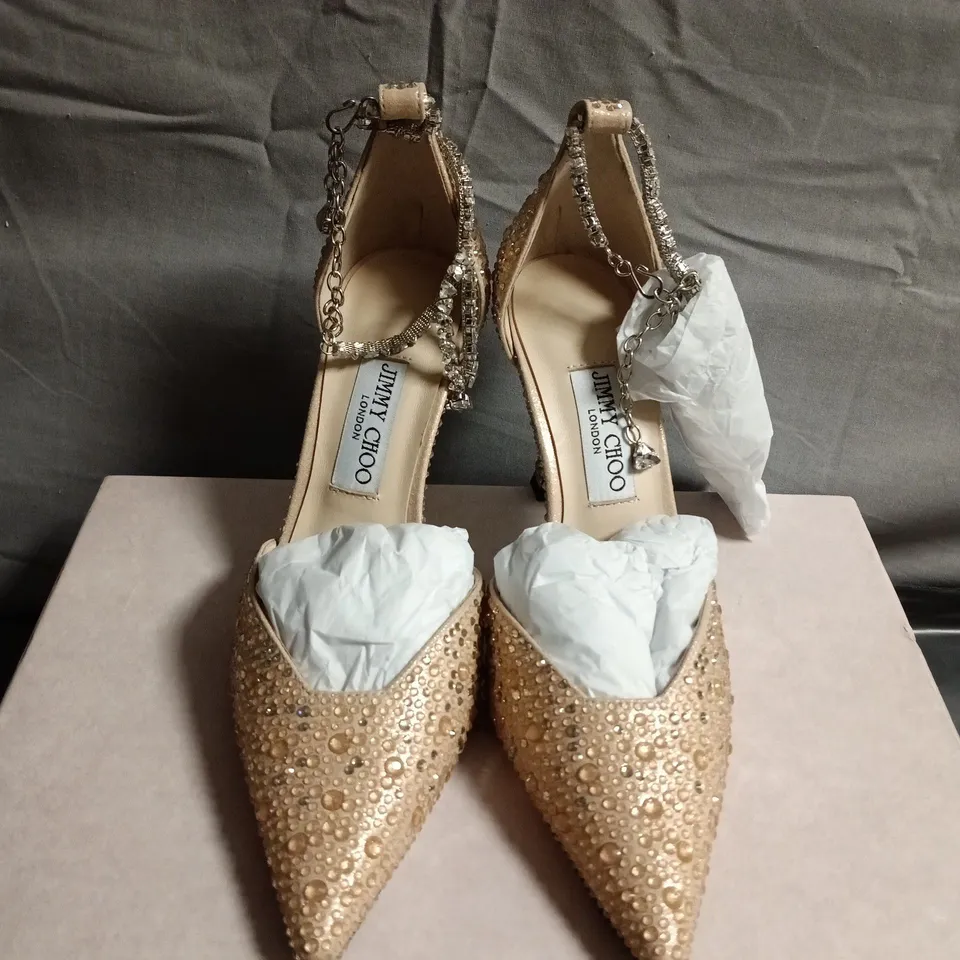 BOXED PAIR OF JIMMY CHOO GOLD BEADED POINTED-TOE STILETTO WITH ANKLE CHAIN - UK SIZE 38