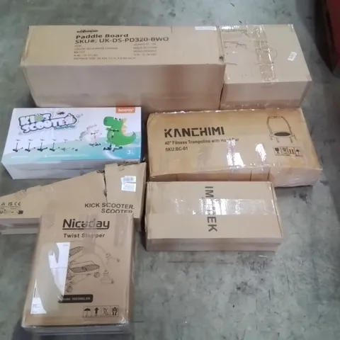 PALLET CONTAINING ASSORTED ITEMS TO INCLUDE: PADDLE BOARD, MULTIFUNCTIONAL FOOD PROCESSOR, TWIST STEPPER, KIDS SCOOTERS, 40" FITNESS TRAMPOLINE ECT
