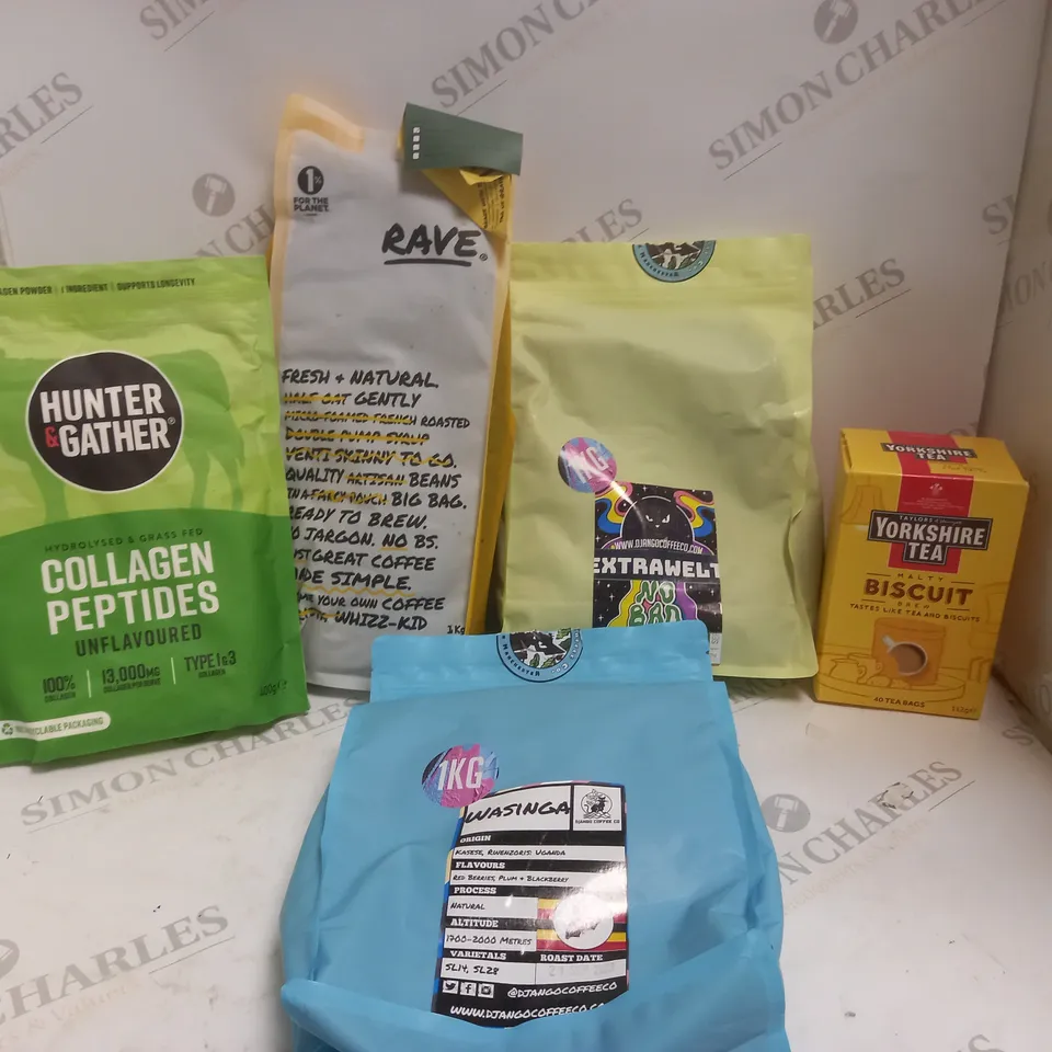 BOX OF APPROX 6 ASSORTED FOOD ITEMS TO INCLUDE - YORKSHIRE TEA MALTY BISCUIT BREW - RAVE COFFEE - HUNTER & GATHER COLLAGEN PEPTIDES ECT