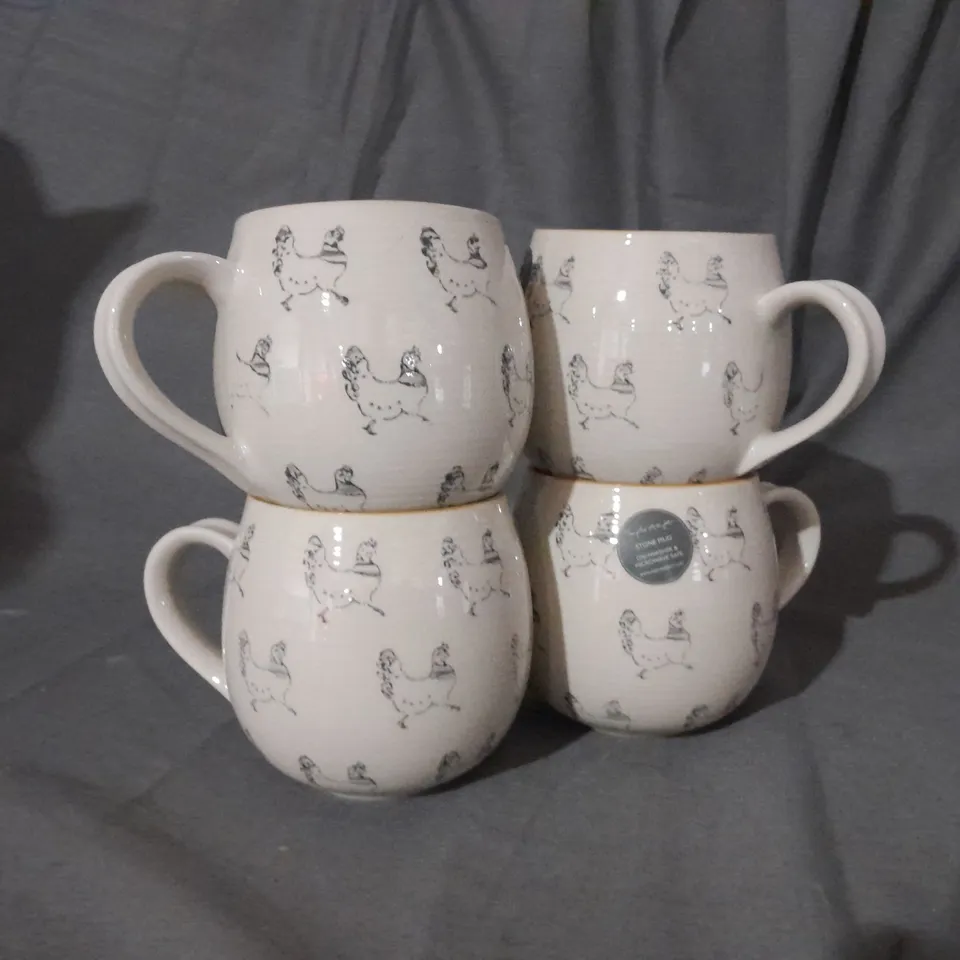 BOXED SET OF 4 STONEWARE CHICKEN PATTERN MUGS 