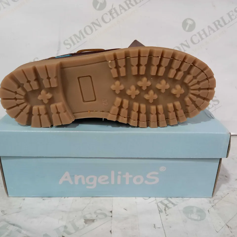 BOXED PAIR OF ANGELITOS VELCRO STRAP LEATHER SHOES IN BROWN EU SIZE 32