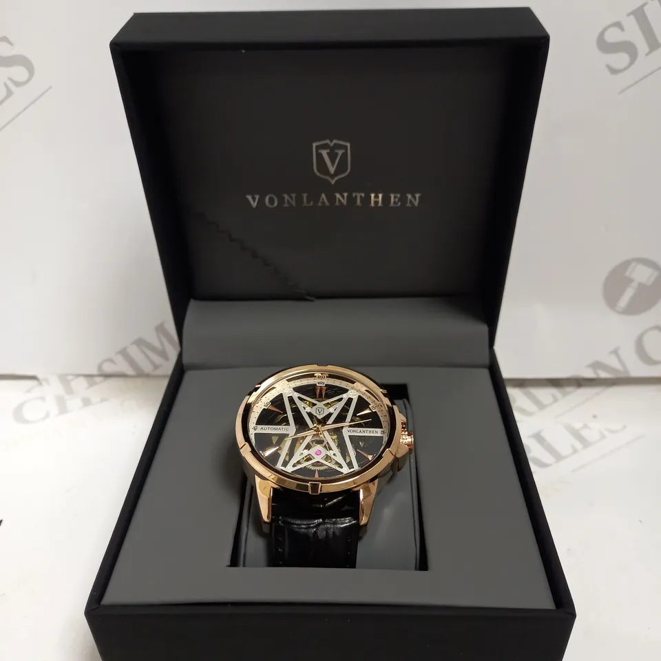 MENS VONLANTHEN AUTOMATIC SKELETON WATCH – V110 - GLASS EXHIBITION BACKCASE – BLACK LEATHER STRAP.