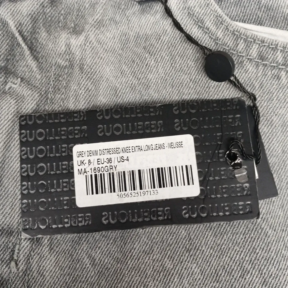 REBELLIOUS GREY DENIM DISTRESSED KNEE EXTRA LONG JEANS – UK 8 (MELISSE)