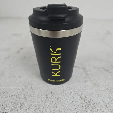 KURK TRAVEL TUMBLER – PLANTS NOT PILLS, BLACK WITH YELLOW BRANDING