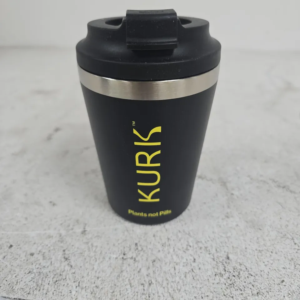 KURK TRAVEL TUMBLER – PLANTS NOT PILLS, BLACK WITH YELLOW BRANDING