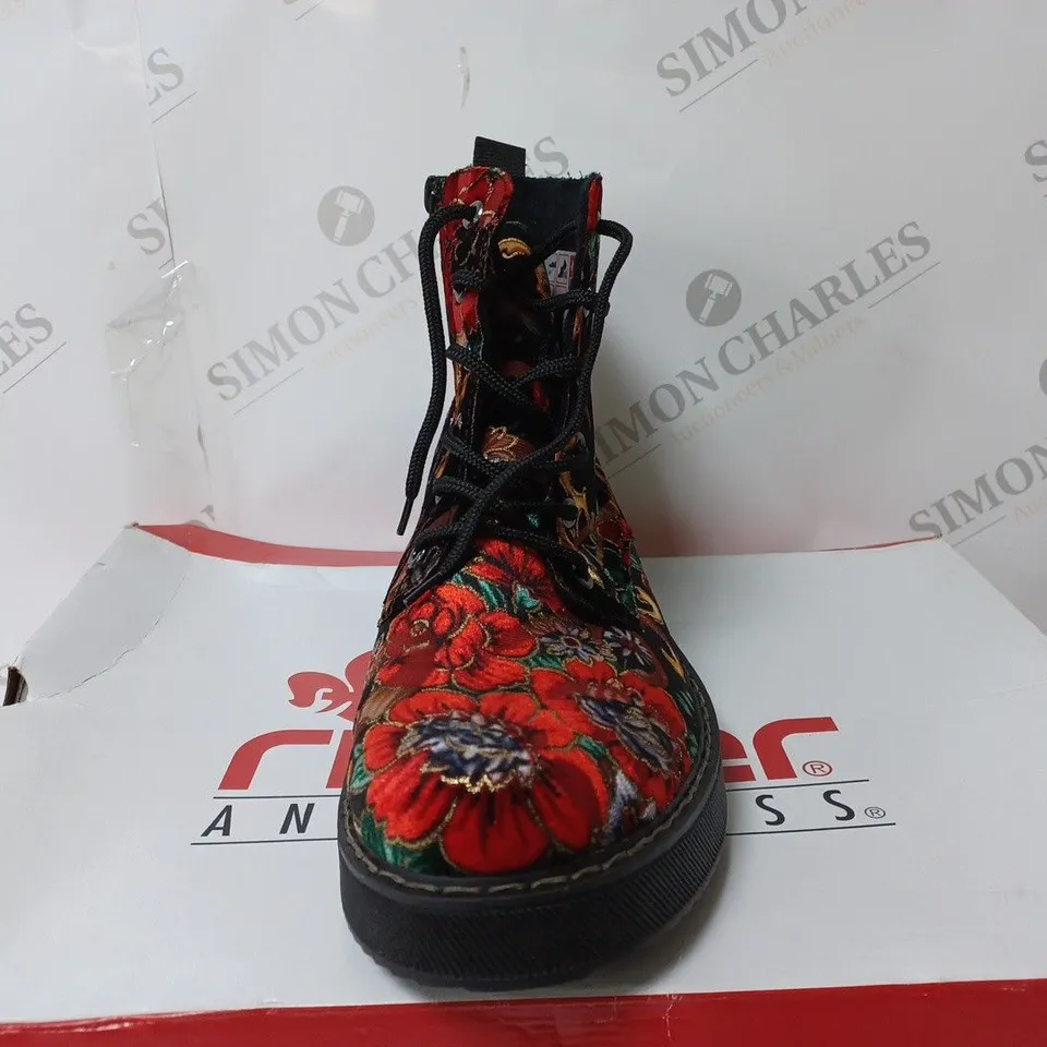 BOXED PAIR OF RIEKER LACE UP BOOTS IN MULTI FLORAL UK SIZE 7.5