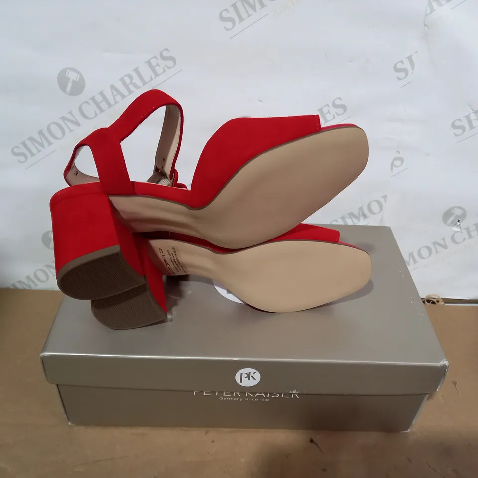 BOXED PAIR OF PETER KAISER HEELED RED SANDALS - SIZE 3