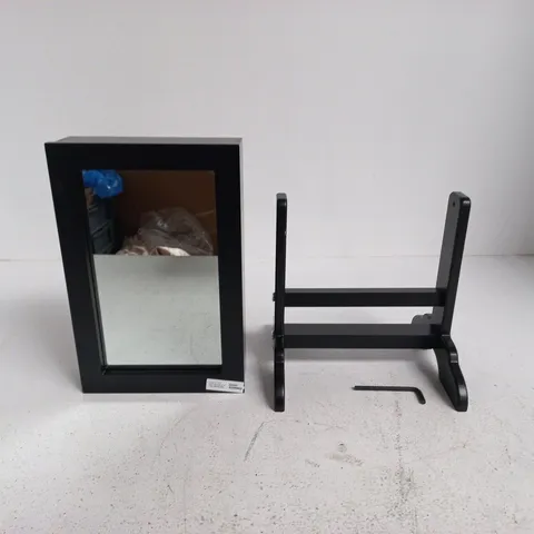 MIRRORED STORAGE MIRROR ON ADJUSTABLE STAND - BLACK WOOD