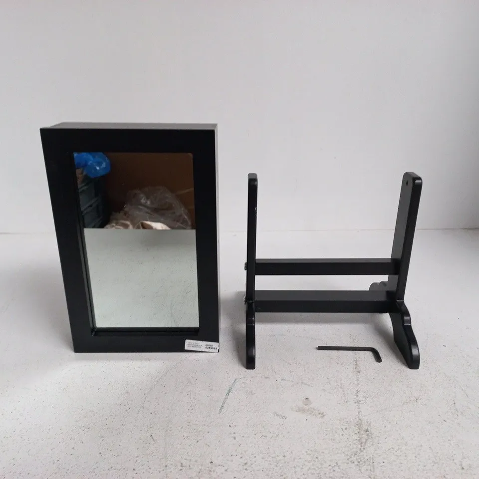 MIRRORED STORAGE MIRROR ON ADJUSTABLE STAND - BLACK WOOD