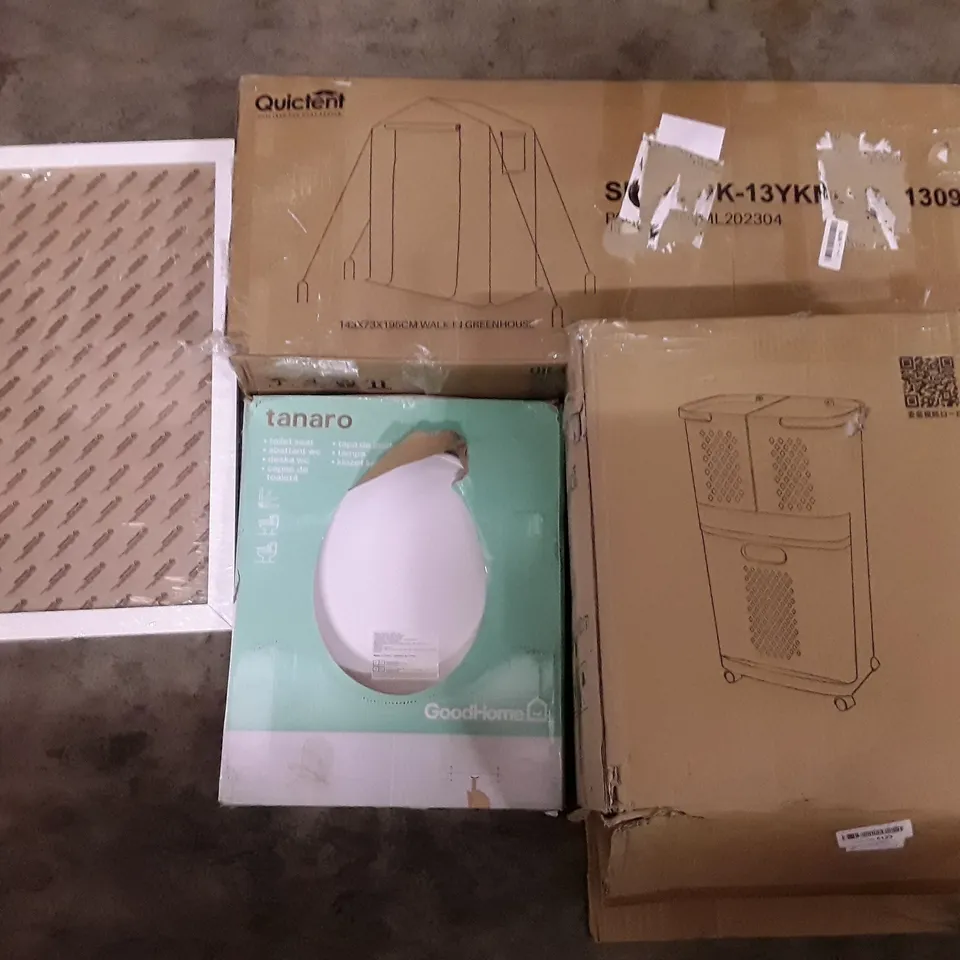 PALLET OF ASSORTED PRODUCTS INCLUDING TOILET SEAT, LAUNDRY HAMPER, PICTURE FRAME, TENT
