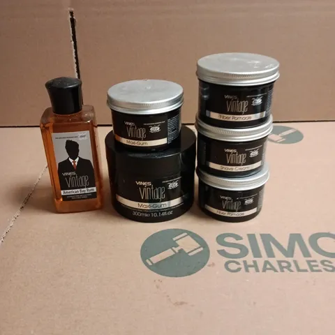 BOX OF 6 VINES VINTAGE HARCARE PRODUCTS TO INCLUDE HAIR & SCALP TONIC, MAXI GUM AND SHAVE CREAM