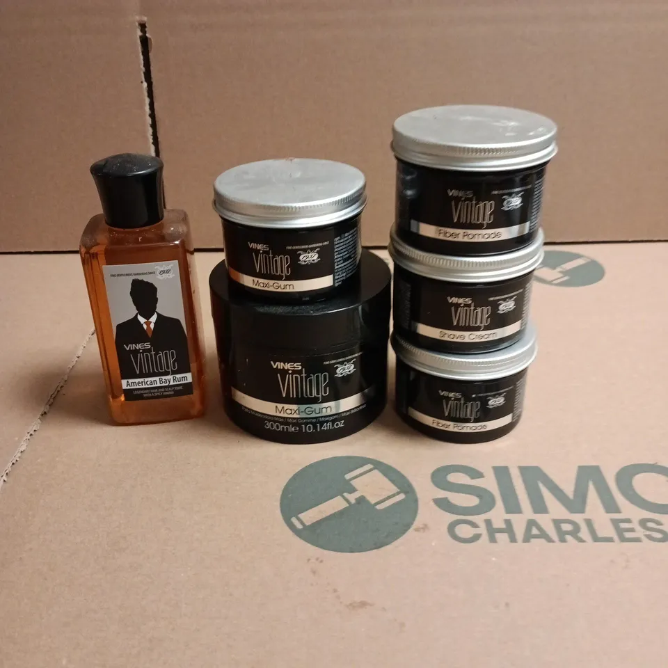 BOX OF 6 VINES VINTAGE HARCARE PRODUCTS TO INCLUDE HAIR & SCALP TONIC, MAXI GUM AND SHAVE CREAM