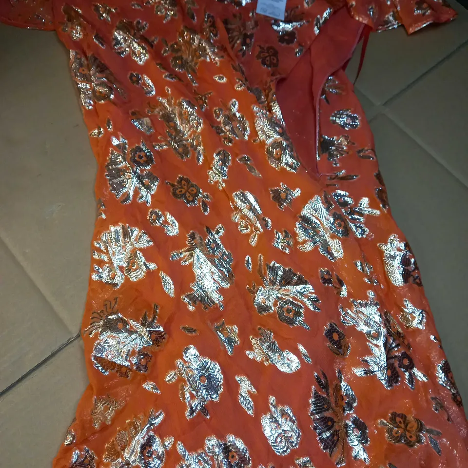 RIXO BURNT ORANGE/GOLD DETAILED OFF SHOULDER MIDI DRESS - SIZE 16