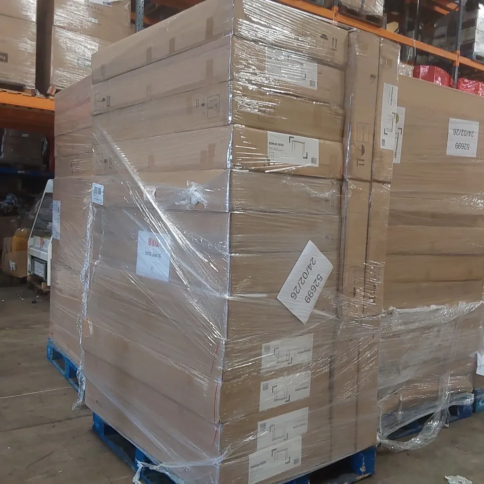 PALLET CONTAINING A LARGE QUANTITY OF BRAND NEW ZORRAS WALNUT EFFECT DESKS 
