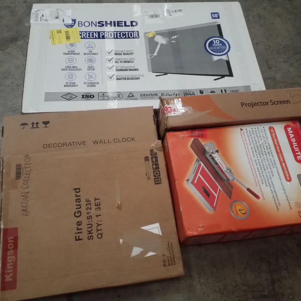 PALLET CONTAINING ASSORTED PRODUCTS INCLUDING SCREEN PROTECTOR, DECORATIVE WALL CLOCK  FIRE GUARD, 13" PRO VINYL FLOOR CUTTE & PROJECTOR SCREEN