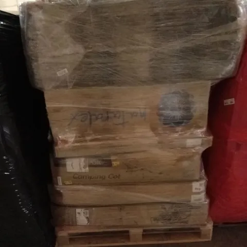 PALLET OF ASSORTED HOUSEHOLD GOODS AND PRODUCTS TO INCLUDE; CAMPING BED, CAMPING CHAIRS, BOXED FURNITURE ETC