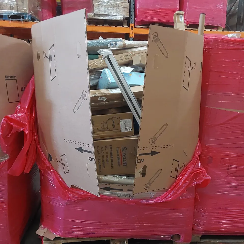PALLET OF ASSORTED ITEMS INCLUDING: PRESSURE WASHER, PRESSURE SPRAYER, BLINDS, OAK FLOATING SHELF ECT