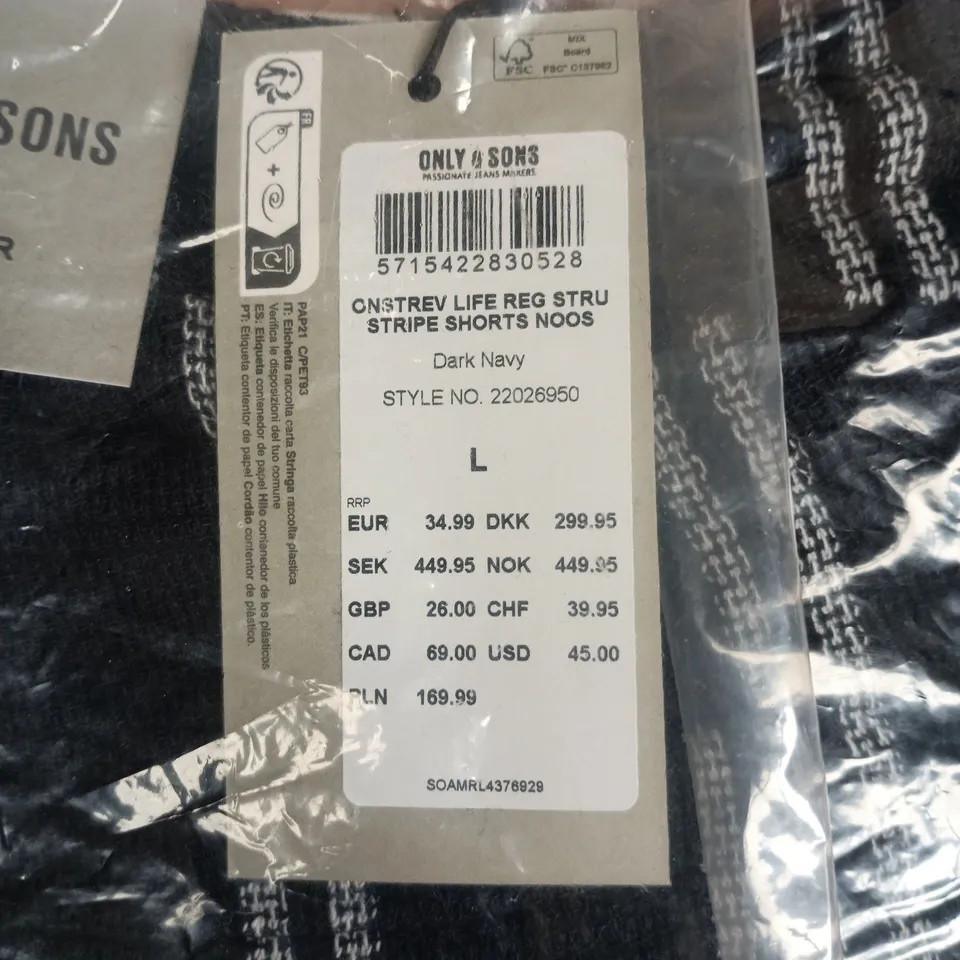 Only & Sons Stripe Shorts – Dark Navy, UK Size L