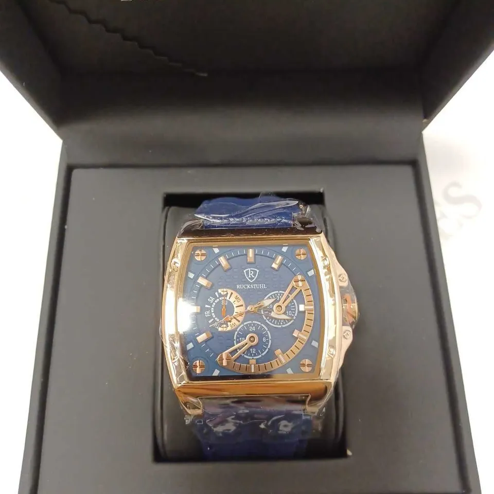 RUCKSTUHL BLUE TRIPLE DIAL LEATHER STRAP WRISTWATCH