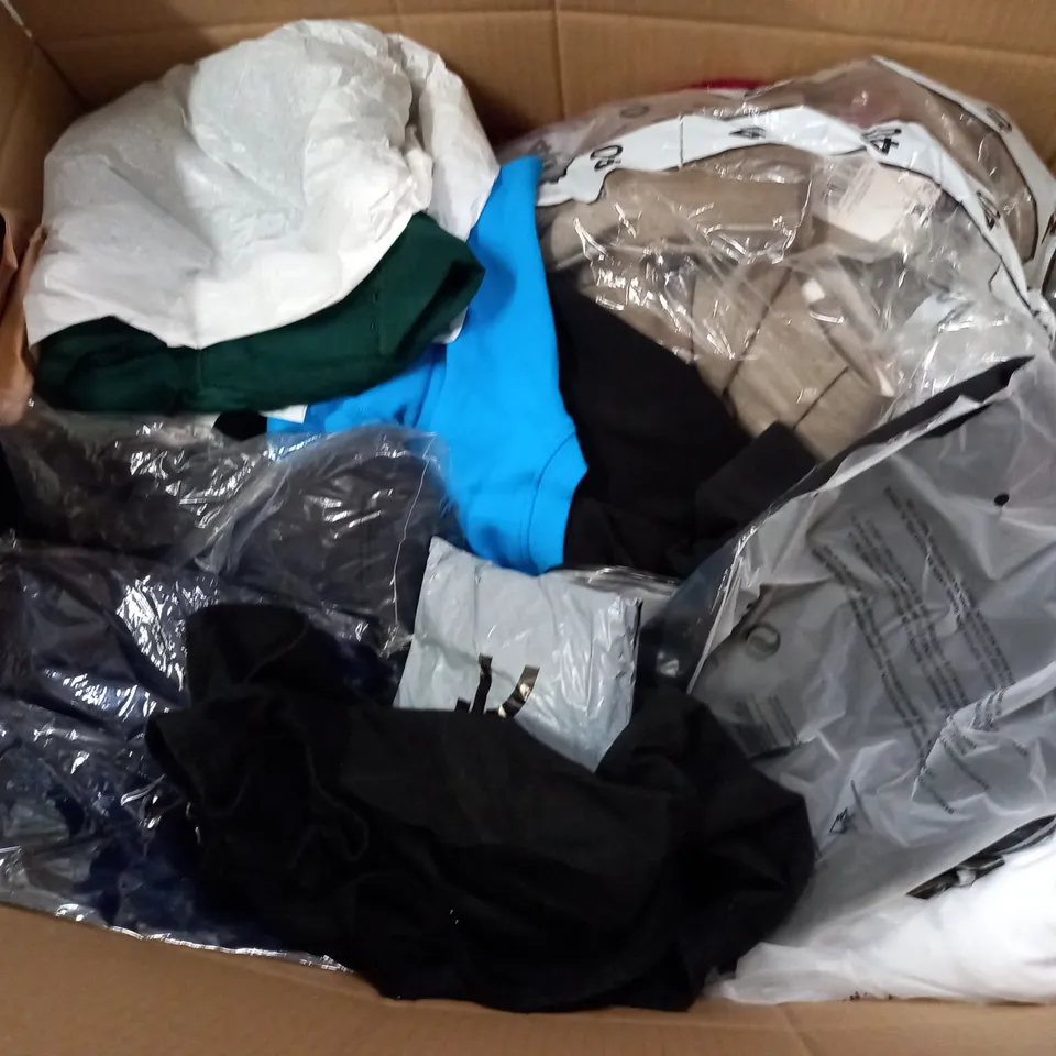 BOX OF ASSORTED CLOTHING ITEMS TOO INCLUDE JUMPERS, SHIRTS AND TROUSERS IN VARIOUS SIZES AND COLOURS   