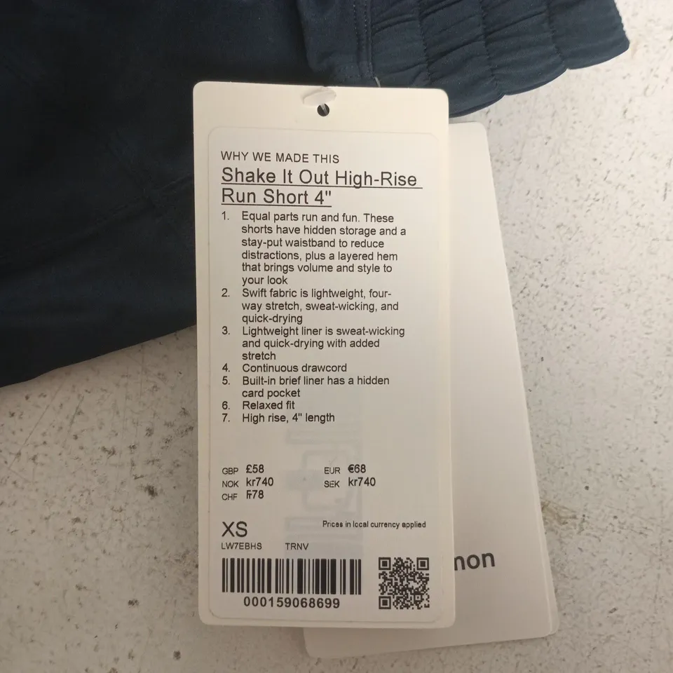 LULULEMON SHAKE IT OUT HIGH-RISE RUN SHORT 4IN NAVY – UK 6 (US XS) – XS