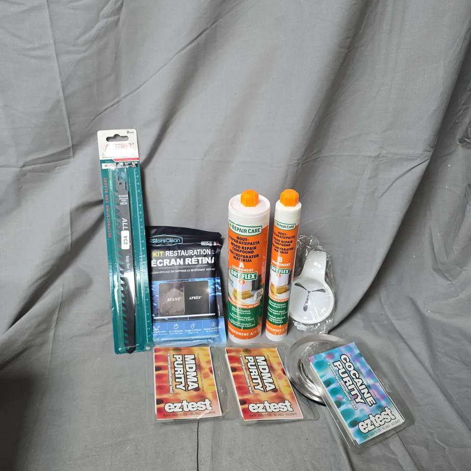 APPROXIMATELY 12 ASSORTED HOUSEHOLD ITEMS TO INCLUDE EZTEST DRUG TESTERS, ALLUSE RECIPROCATING SAW BLADES, REPAIR CARE WOOD REPAIR COMPOUND, ETC