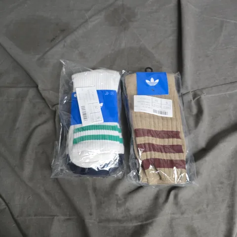 ADIDAS SOCKS TWO-PACK: WHITE WITH GREEN STRIPES AND BEIGE WITH BURGUNDY STRIPES