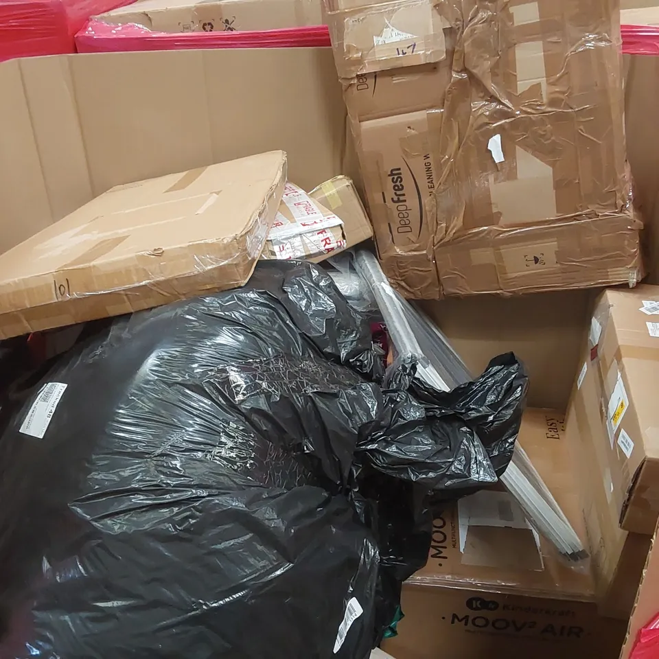 PALLET OF ASSORTED ITEMS INCLUDING: KINDERKRAFT MOOV 2 AIR 3-IN-1 STROLLER, MIDEA MOBILE AIR CONDITIONER, BABY PLAYPEN, RETRACTABLE SAFETY GATE, BED RAIL GUARD ECT