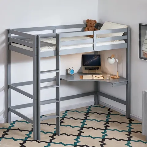 BOXED MUSKOKA SINGLE (3') BED FRAME HIGH SLEEPER LOFT BED WITH BUILT-IN-DESK - GREY (2 BOXES)