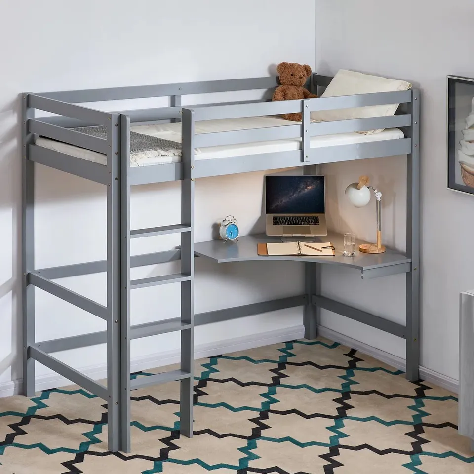 BOXED MUSKOKA SINGLE (3') BED FRAME HIGH SLEEPER LOFT BED WITH BUILT-IN-DESK - GREY (2 BOXES)