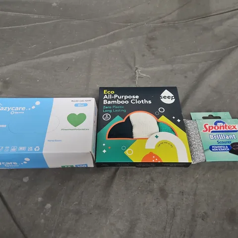 LARGE BOX OF APPROX 10 ASSORTED HOUSEHOLD ITEMS TO INCLUDE: EAZYCARE NITRILE GLOVES , BAMBOO CLOTHS, SPONTEX SCOURER - COLLECTION ONLY 