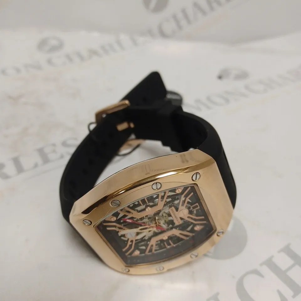 MENS AUTOMATIC DESCHAMPS & CO WATCH – SKELETON DIAL – GLASS EXHIBITION BACK CASE – RUBBER STRAP – WOODEN GIFT BOX 