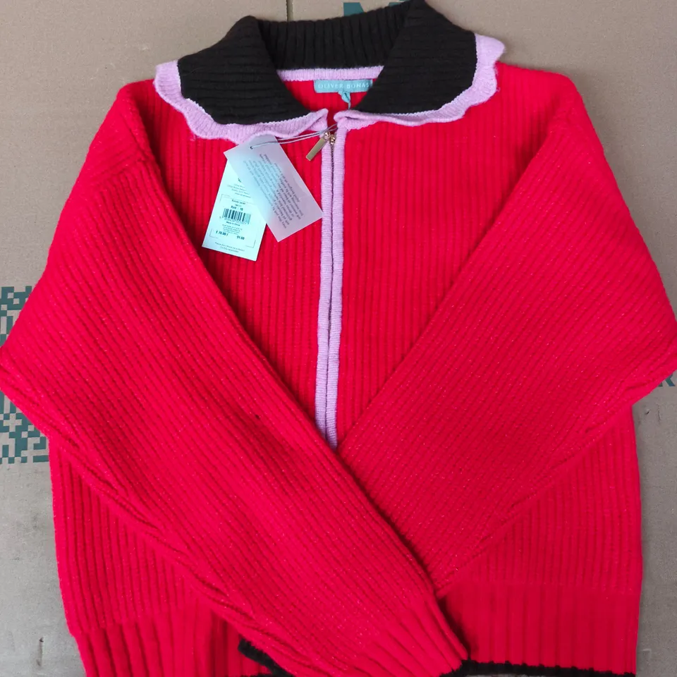 OLIVER BONAS ZIP-UP KNIT JACKET IN RED/BROWN/PINK SIZE UK 10