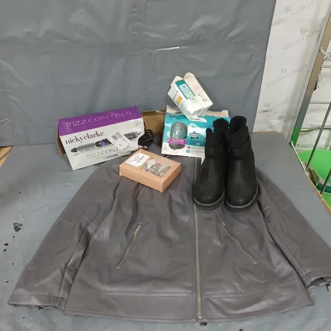 APPROXIMATELY 15 ASSORTED ITEMS TO INCLUDE FRIZZ CONTROL HAIR STYLER, RUTH LANGSFORD JACKET, SKECHERS BOOTS, ETC - COLLECTION ONLY