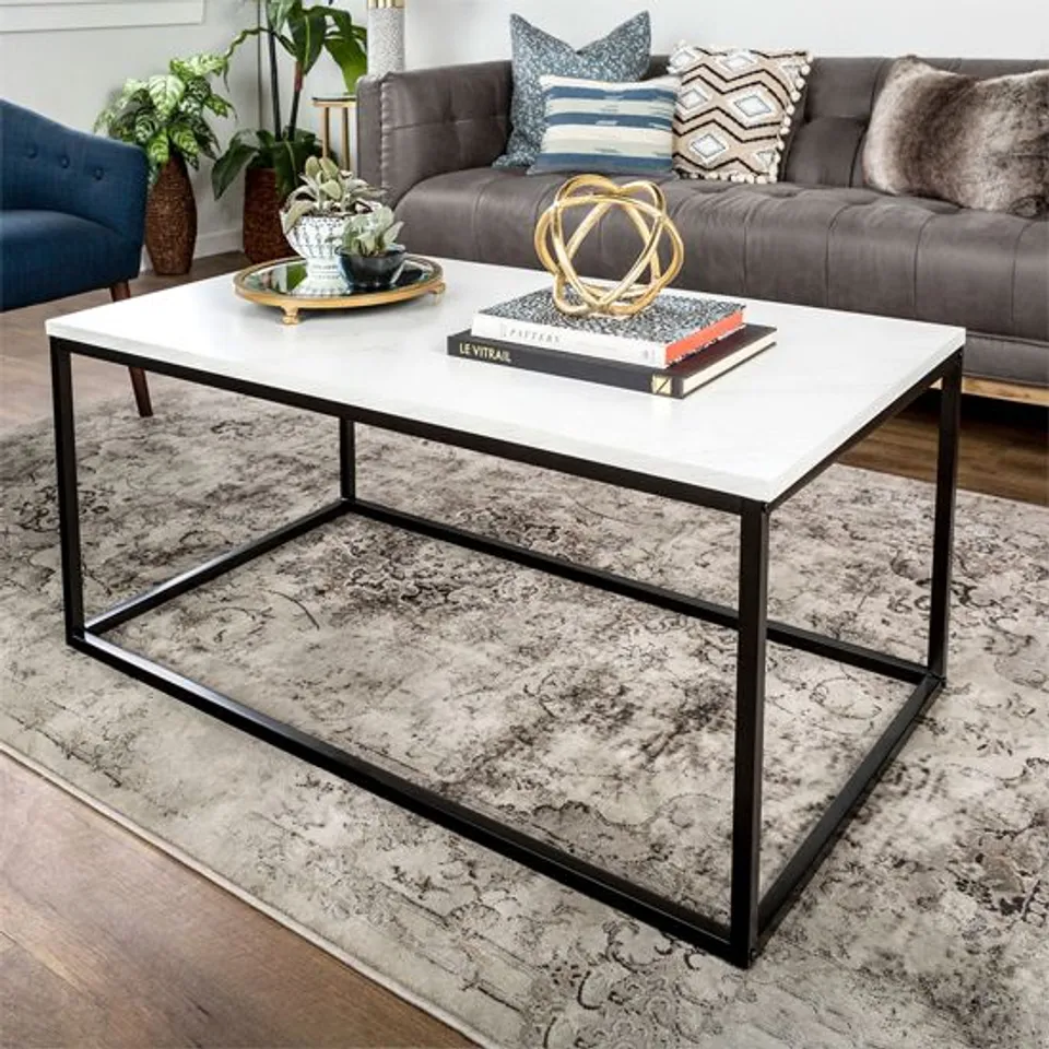BRAND NEW BOXED WALKER EDISON MARINA RECTANGULAR WOODEN COFFEE TABLE IN WHITE MARBLE EFFECT (1 BOX)