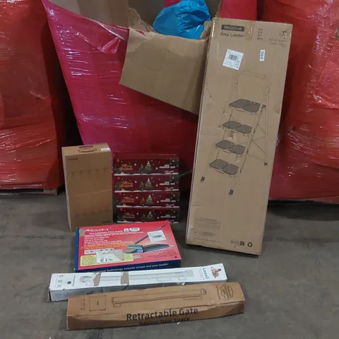 PALLET OF ASSORTED ITEMS INCLUDING: STEP LADDER, LAMINATE FLOOR CUTTER, RETRACTABLE GATES, STRING LIGHTS, MINI CHRISTMAS TREES ECT