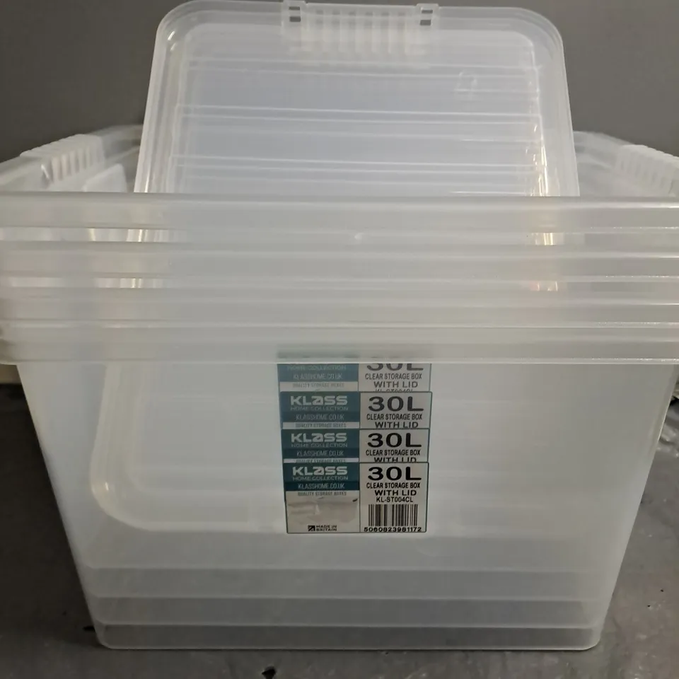 LOT OF 4 30L CLEAR STORAGE BOXES WITH LIDS