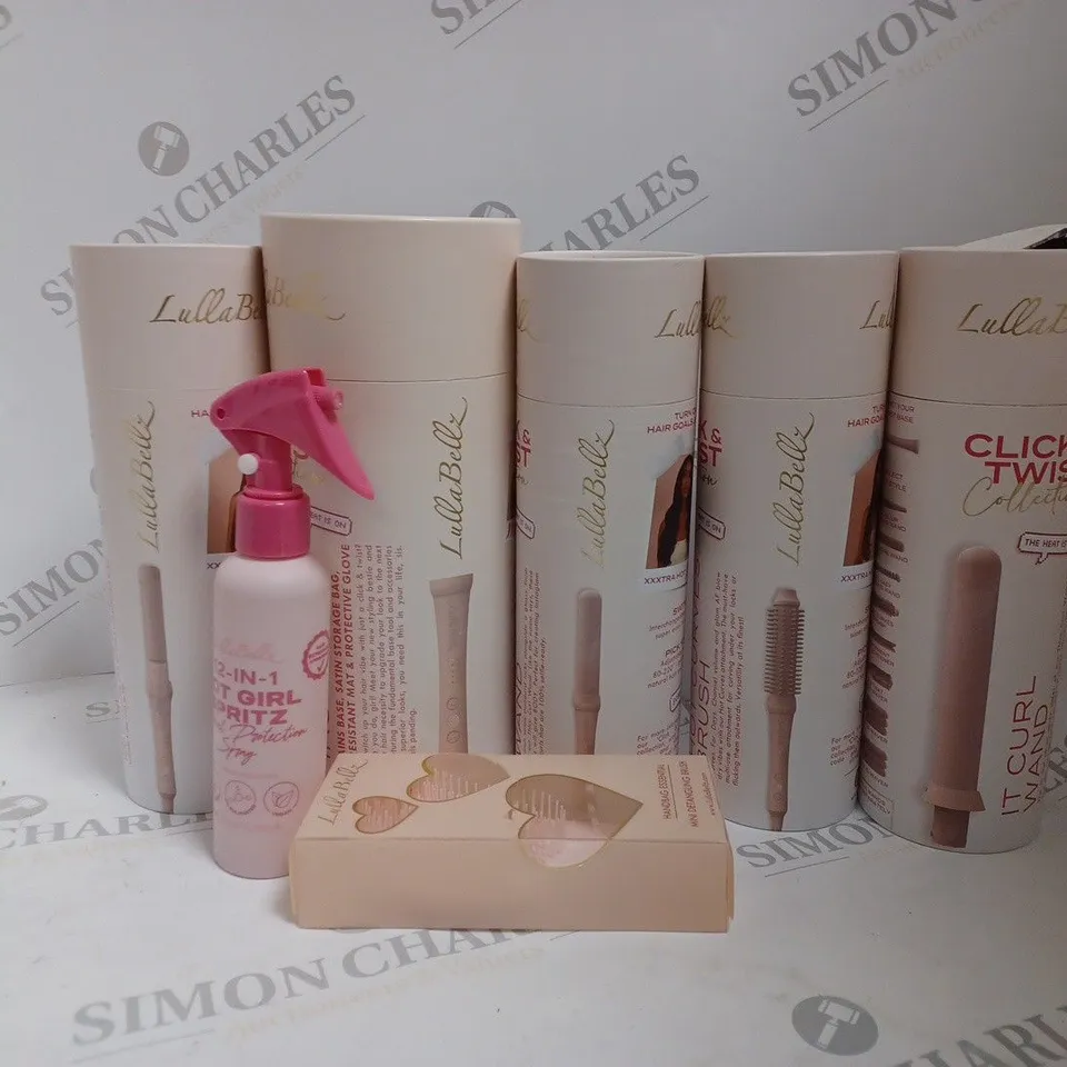 LULLABELLZ HAIR TOOL 6PIECE BUNDLE INCLUDING HAIR BRUSH, HEAT SPRAY, CURLING WAND AND HANDLE