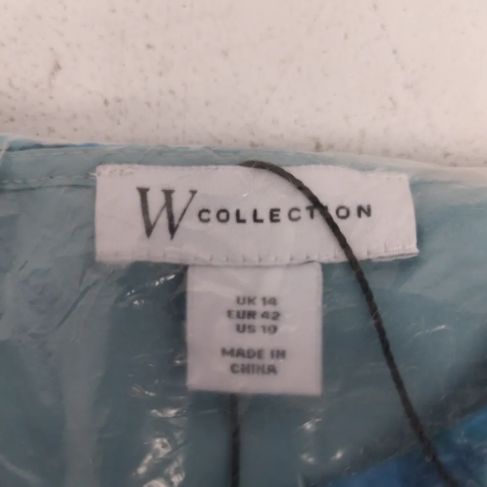 W COLLECTION PETITE FLORAL ORGANZA FLUTE SLEEVE MIDI DRESS – UK 14 (EU 42) TURQUOISE