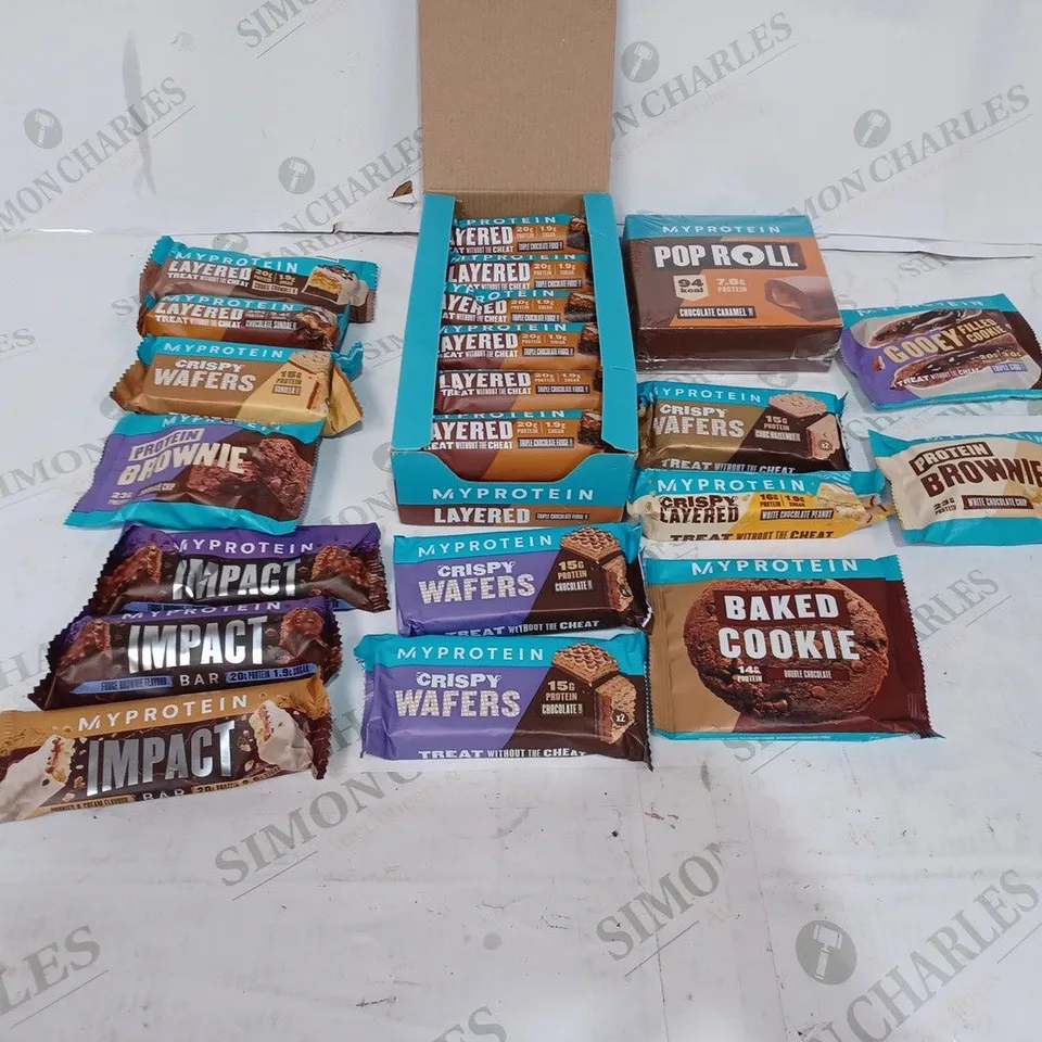 BOX TO CONTAIN A LARGE ASSORTMENT OF MYPROTEIN PROTEIN BARS & COOKIES. FLAVOURS VARY
