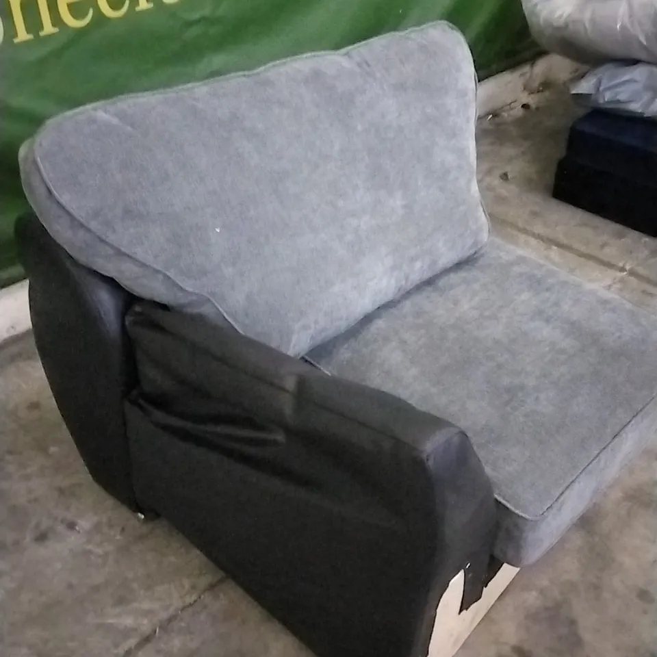 BLACK LEATHER ARMCHAIR WITH GREY CUSHIONS (MISSING ARM)