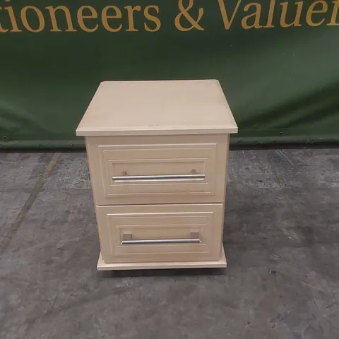 DESIGNER 2 DRAWER WOODEN BEDSIDE TABLE ON WHEELS