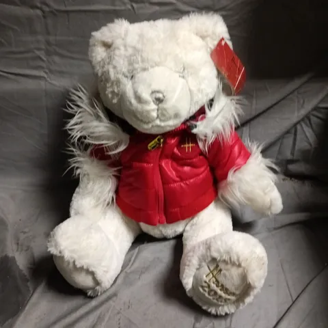 HARRODS TEDDY BEAR WITH RED JACKET – WHITE PLUSH