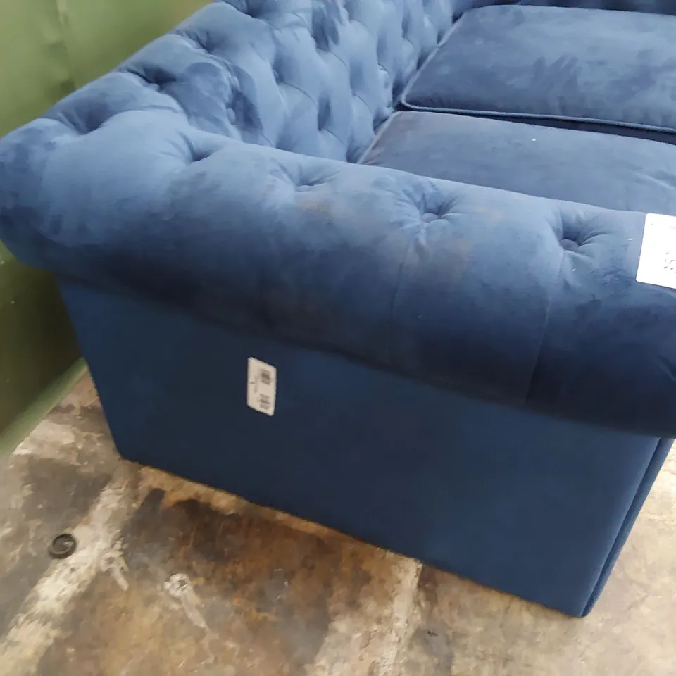 DESIGNER TWO SEATER CHESTERFIELD SOFA BLUE PLUSH FABRIC 