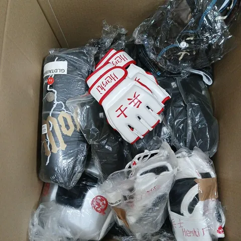 LARGE BOX OF ASSORTED FIGHTING GEAR TO INCLUDE GLOVES, CLOTHES, AND FACE GUARD ETC.