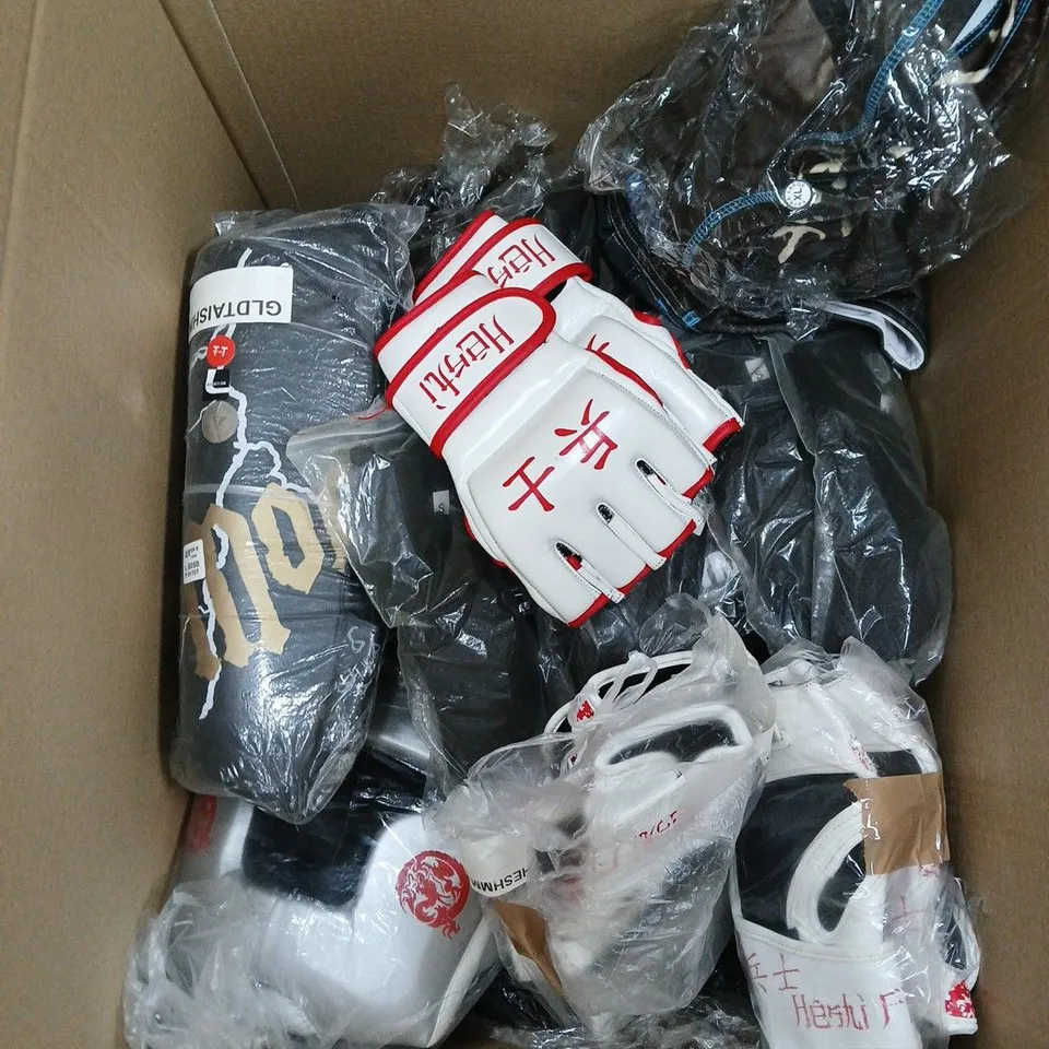 LARGE BOX OF ASSORTED FIGHTING GEAR TO INCLUDE GLOVES, CLOTHES, AND FACE GUARD ETC.