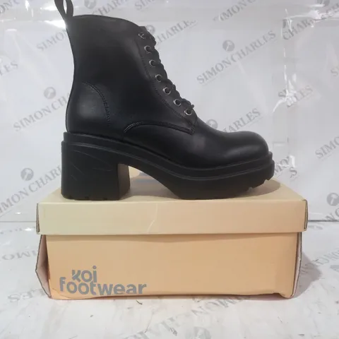 BRAND NEW BOXED PAIR OF KOI VEGAN LEATHER LIME SORBET PLATFORM HEELS IN BLACK UK SIZE 4