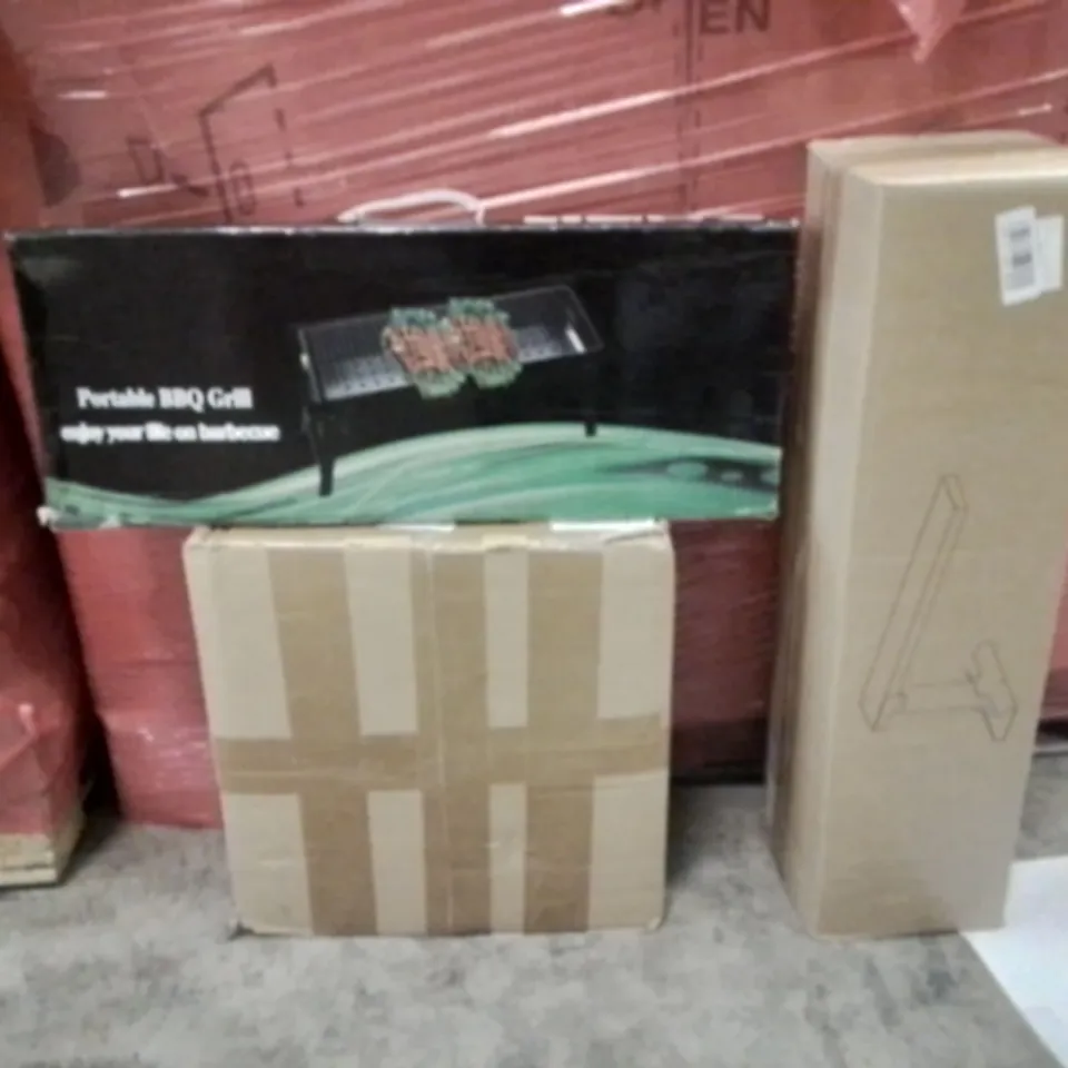 PALLET OF ASSORTED HOUSEHOLD GOODS AND PRODUCTS TO INCLUDE;PORTABLE BBQ GRILL,BRAKE DISCS,LADDER EXTENDER